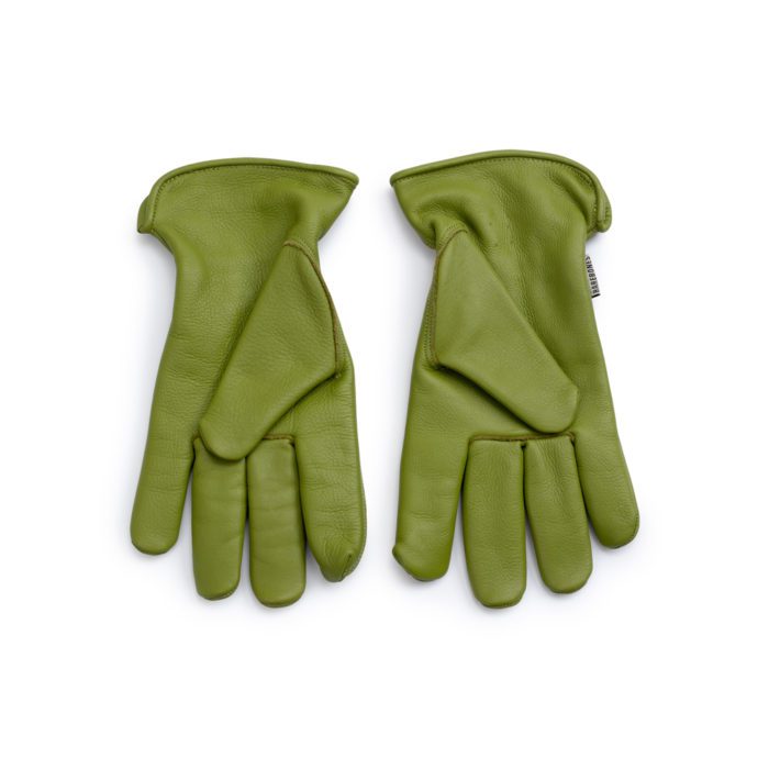 Palm-side view of Barebones Leather Garden Gloves in Olive