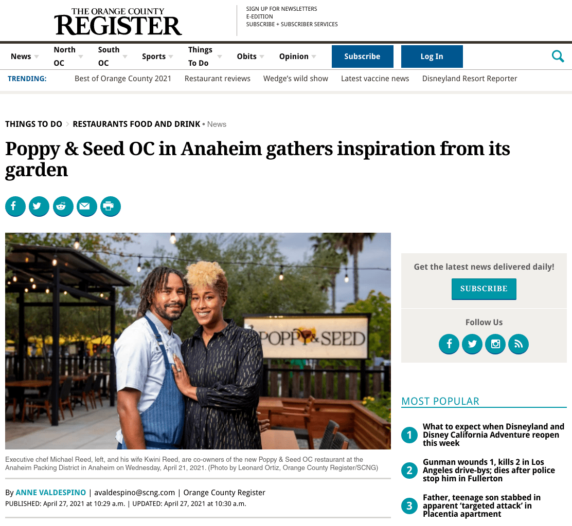 Screen shot of Orange County Register article about Poppy & Seed restaurant in Anaheim CA