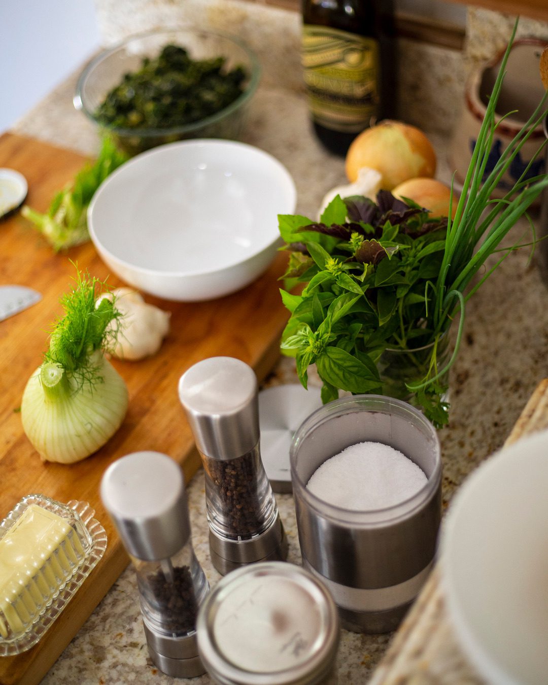 Ingredients for fennel soup on cutting board