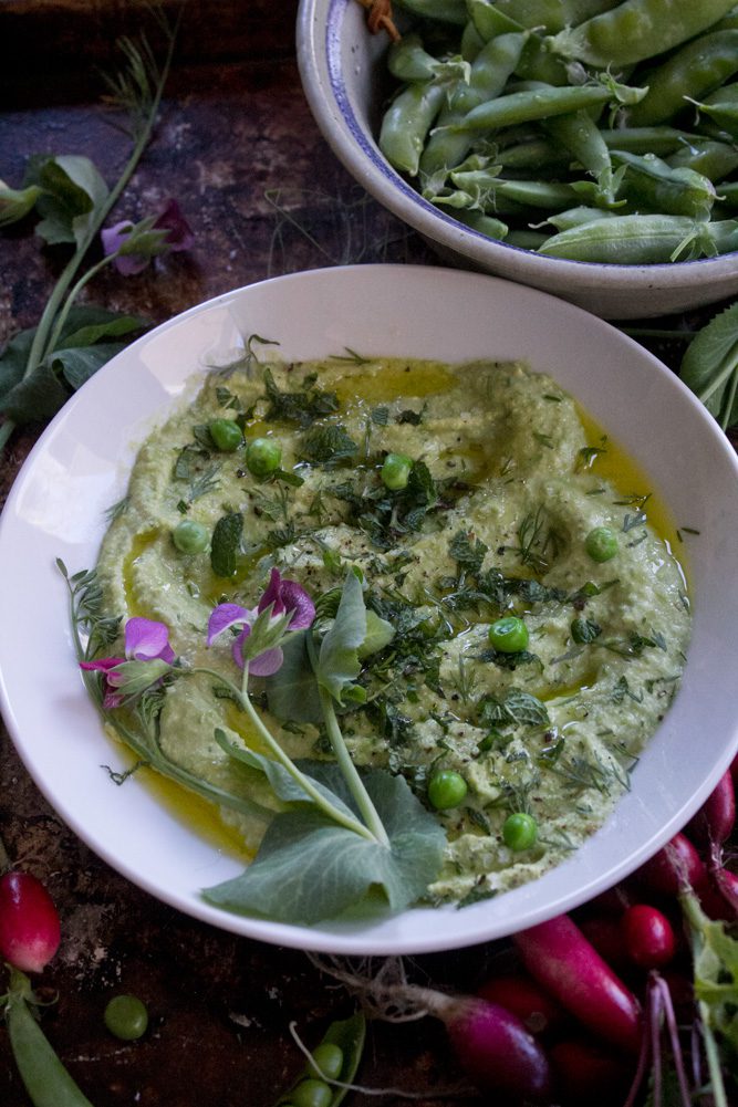 Fresh Pea Hummus with dill and mint made with fresh sweet peas