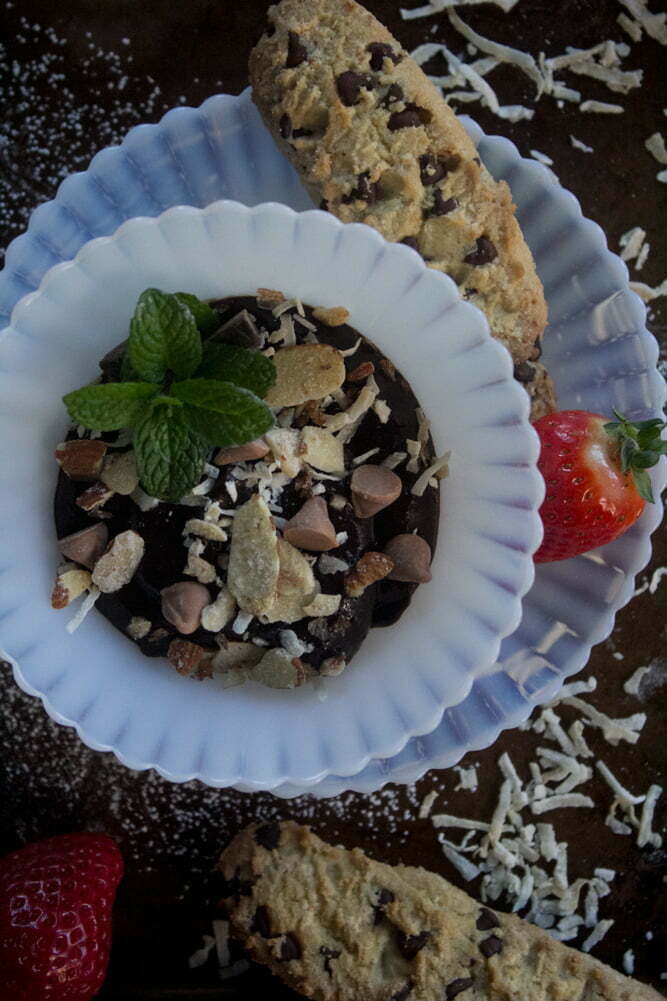 Chocolate Hummus with cookies, strawberries, and mint