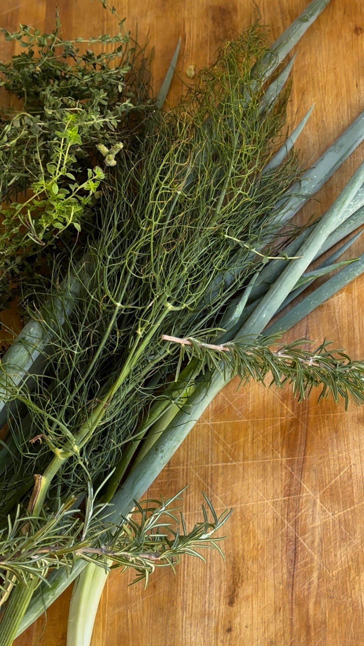 Fresh herbs for buttermilk-brined grilled chicken - fennel fronds, scallions, thyme, + rosemary