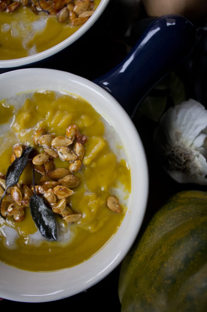 Ingredients for winter squash soup - serve with toast squash seeds and crispy sage