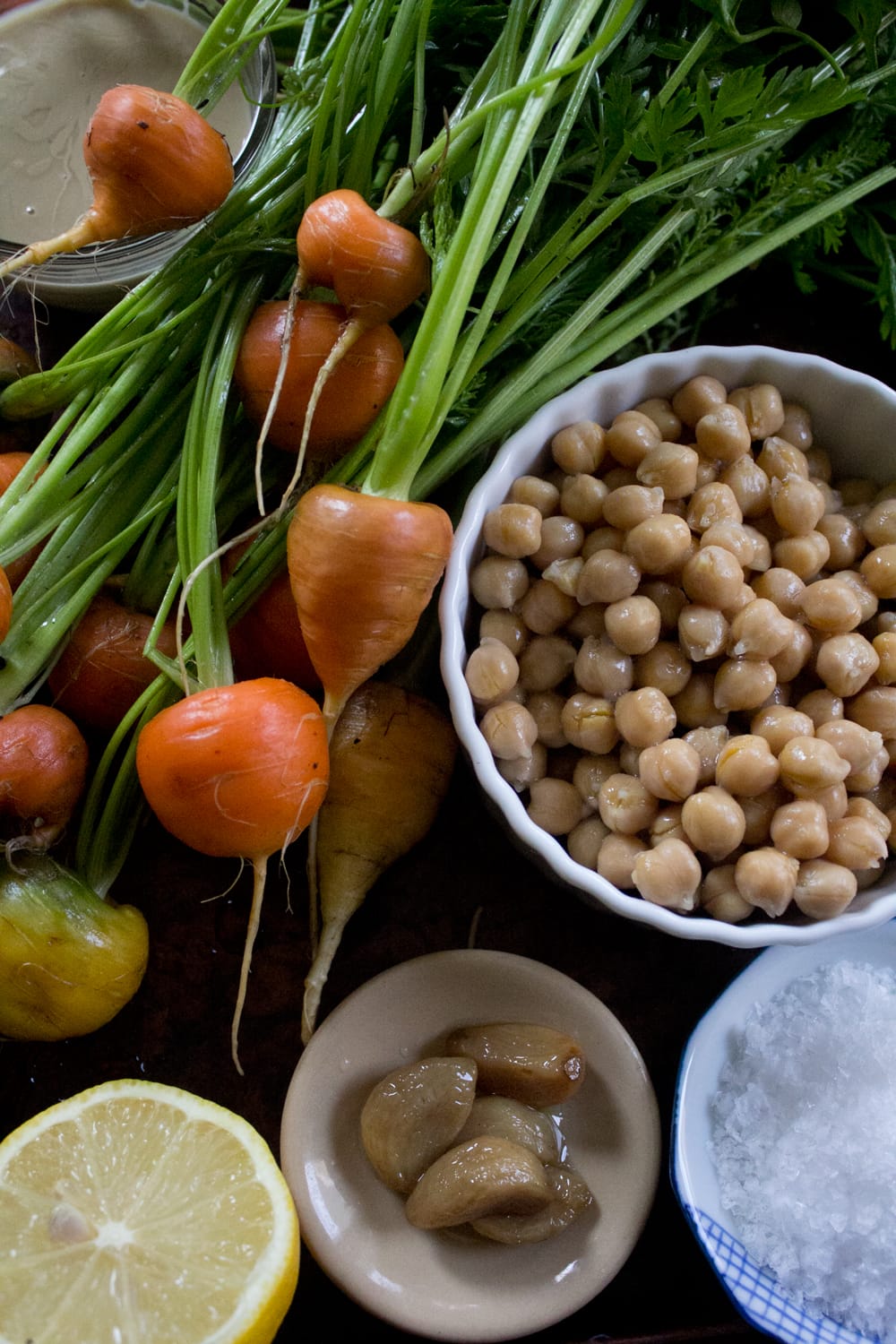 Dukkah Carrot Hummus with Zhoug Ingredients - fresh garden carrots, lemon, garlic confit, chickpeas, olive oil, sea salt