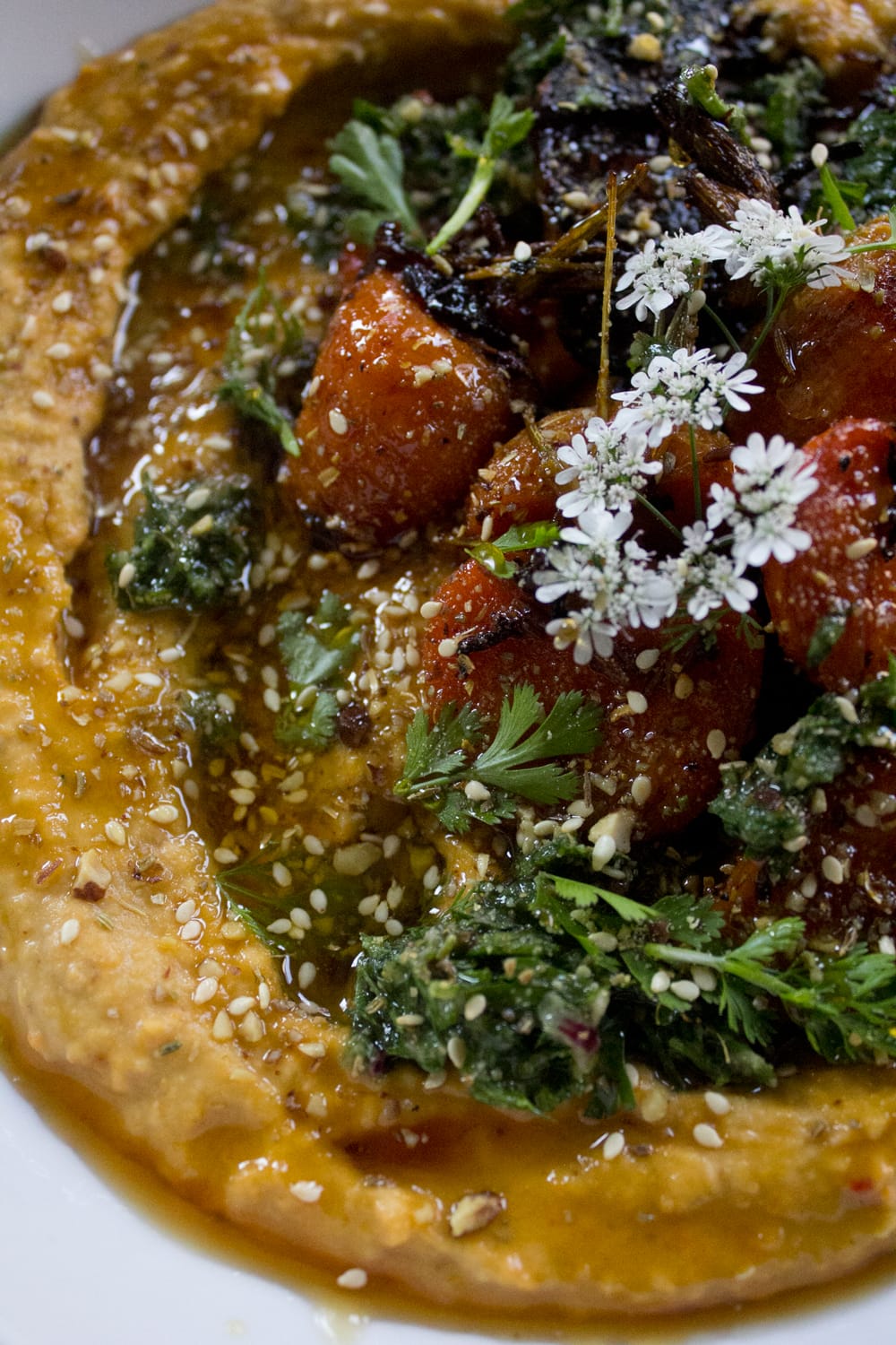 Plated dukkah and carrot hummus with zhoug - sweet, garden fresh carrots roasted with harissa, honey, and cumin seeds added to hummus and dressed with addiitonal roasted carrots, dukkah, zhoug, cilantro leaves + flowers, and drizzled with honey.