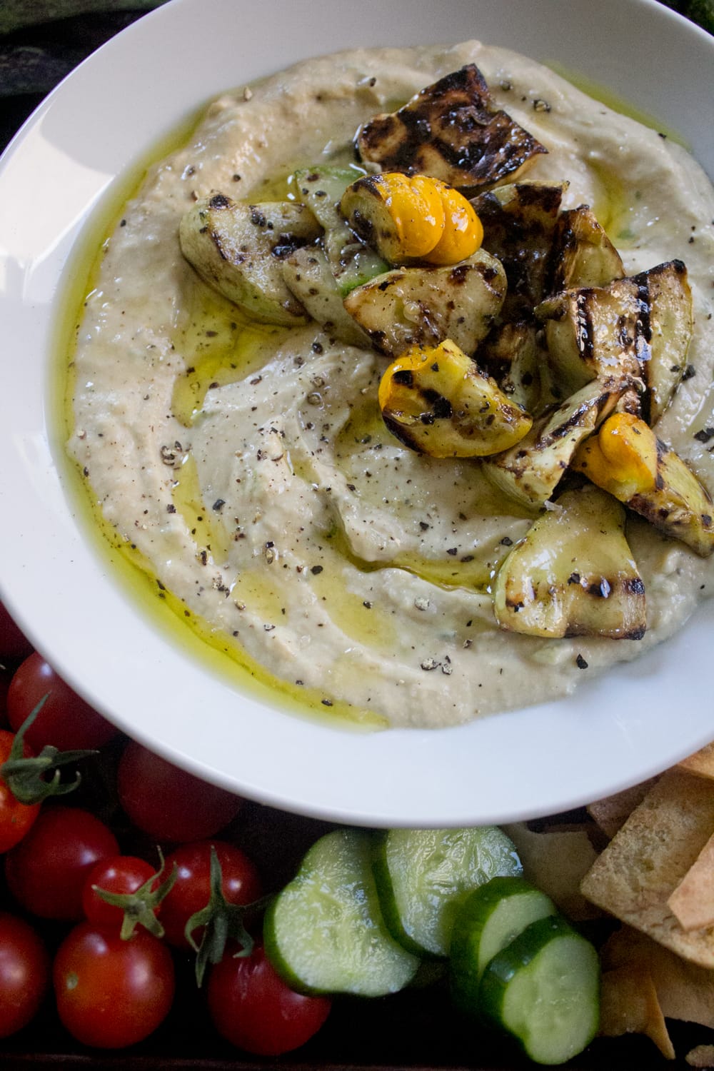 Grilled Summer Squash Hummus with Mexican zucchini, golden patty pan squash, and yellow crookneck squash